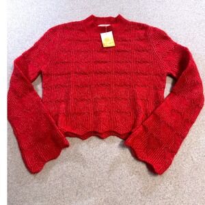 Sugar Moon Red Heart Knit Sweater Women L Cropped Scallop Hem Open Knit Cozy NWT